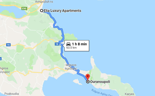 Directions on how to go from Elia Luxury Apartments to Mount Athos