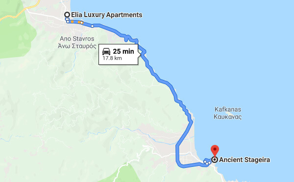 Directions on how to go from Elia Luxury Apartments to Ancient Stagira