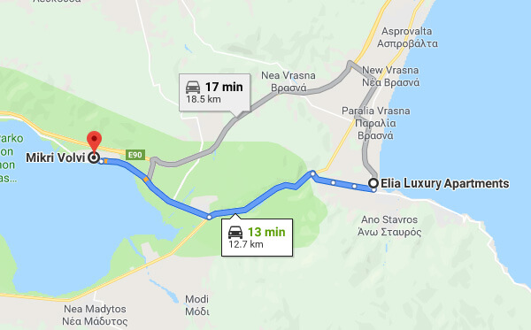 Directions on how to go from Elia Luxury Apartments to Lake Volvi